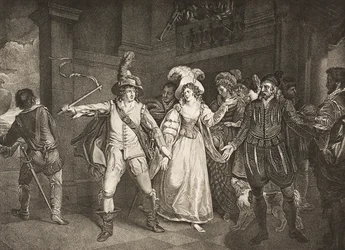 Padua, Before Baptista's house, Act III, Scene II, fra 'The Taming of the Shrew', fra The Boydell Shakespeare Gallery, utgitt sent på 1800-tallet